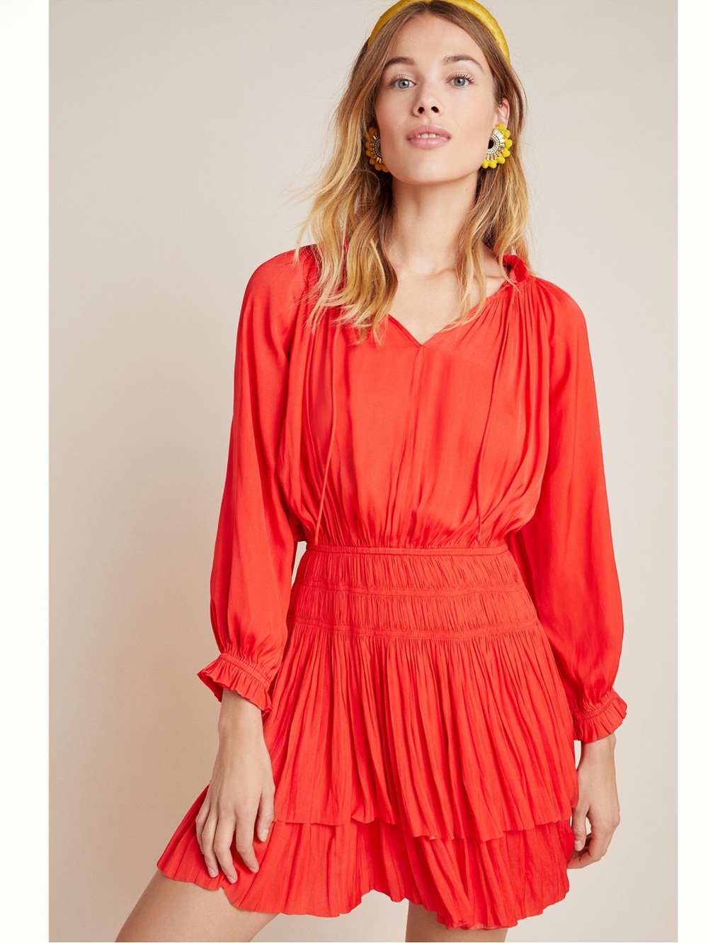 Anthropologie Current Air Poppy Red Smocked Puff Sleeve Tie Neck Mini Dress Sm